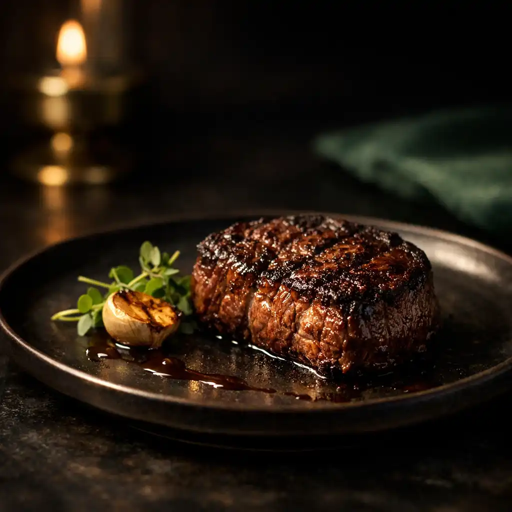 Elegánsan tálalt steak sötét kerámia tányéron