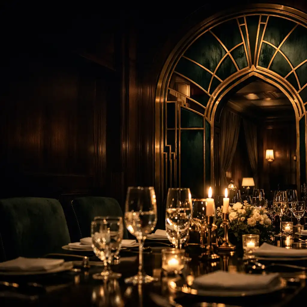 Meleg fényű, Art Deco részletekkel berendezett esti privát étkezési salon