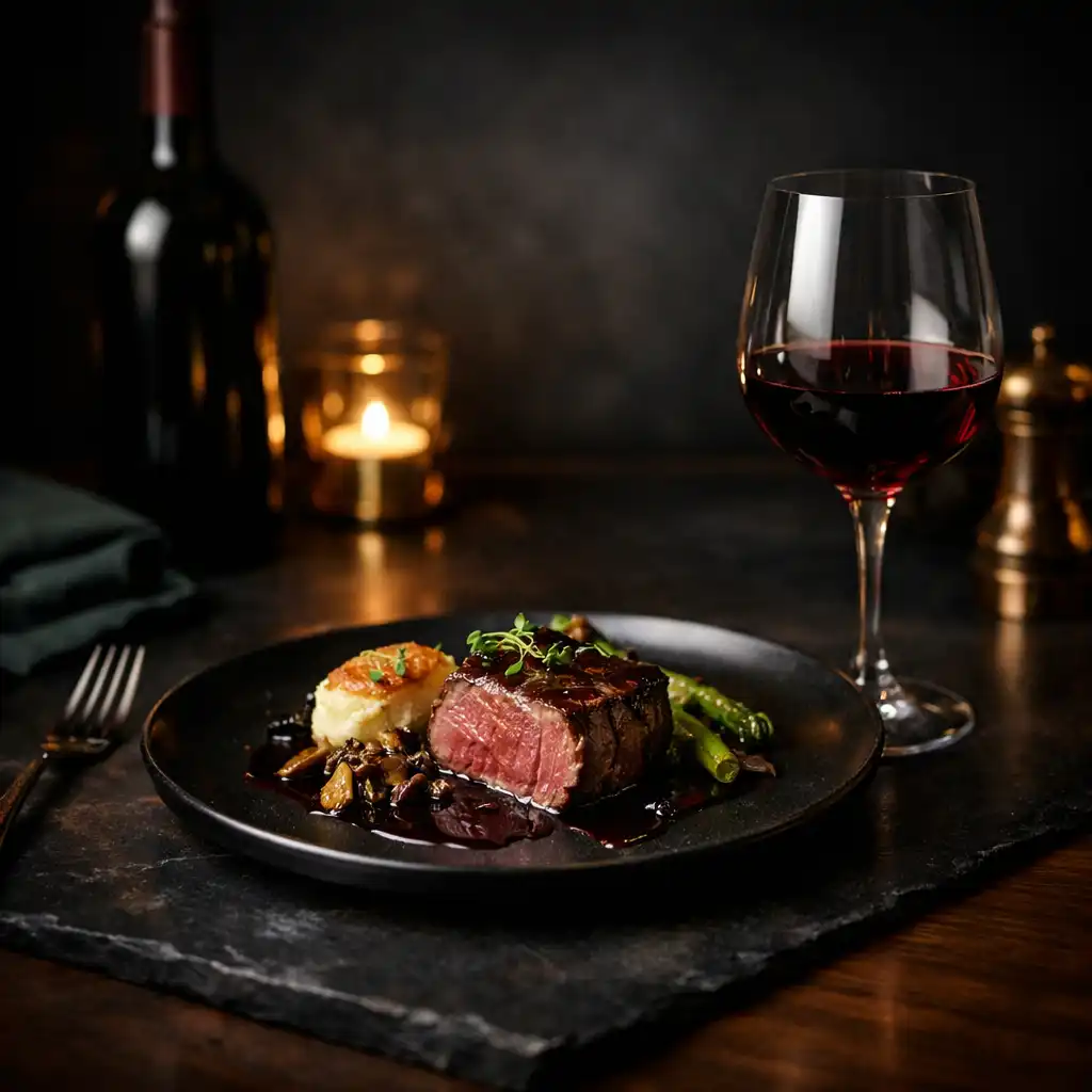 Elegánsan tálalt steak, borospohár és érlelt vörösbor egy esti asztalon