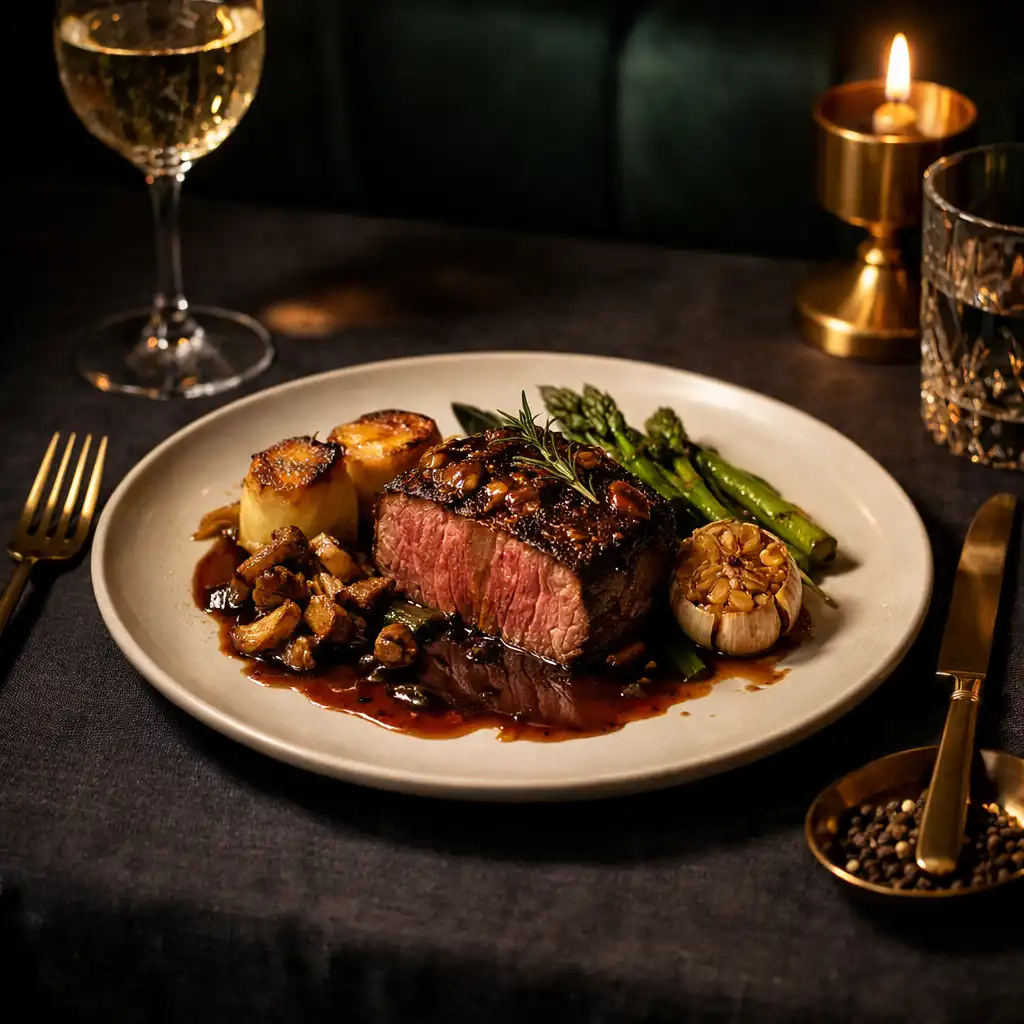 Finoman tálalt steak sötét vászonnal borított éttermi asztalon