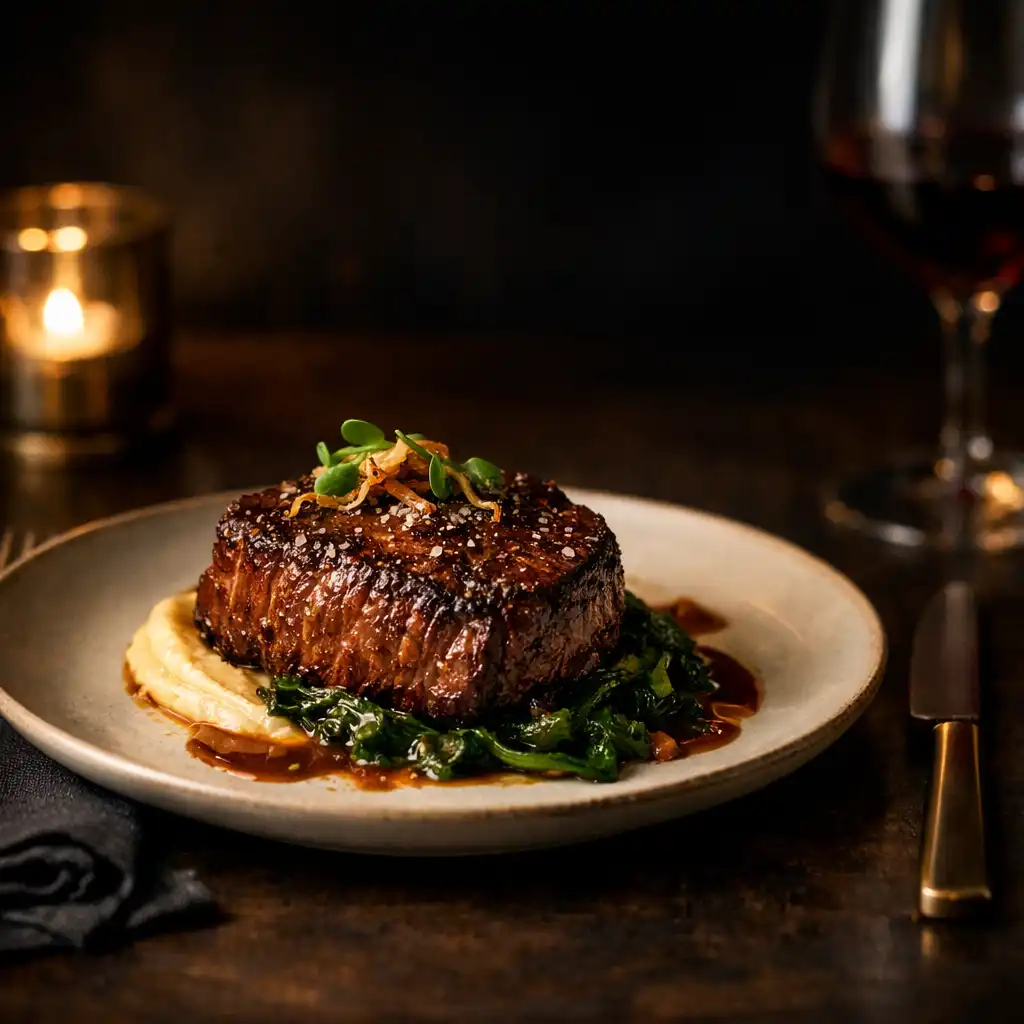 Elegánsan tálalt steak esti éttermi asztalon